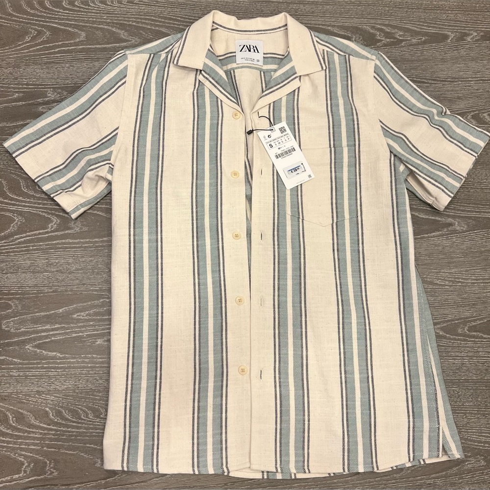 ZARA Cotton-Linen Striped Cuban Camp Collar (Blue/Off-White), Alex Costa style